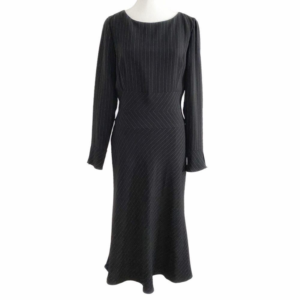 DAVID WARREN NEW YORK VINTAGE 90S BLACK WHITE PINSTRIPE TRUMPET DRESS - 6